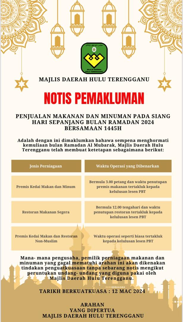 Pemakluman Waktu Operasi Bagi Aktiviti Jualan Makanan Di Bulan Ramadhan