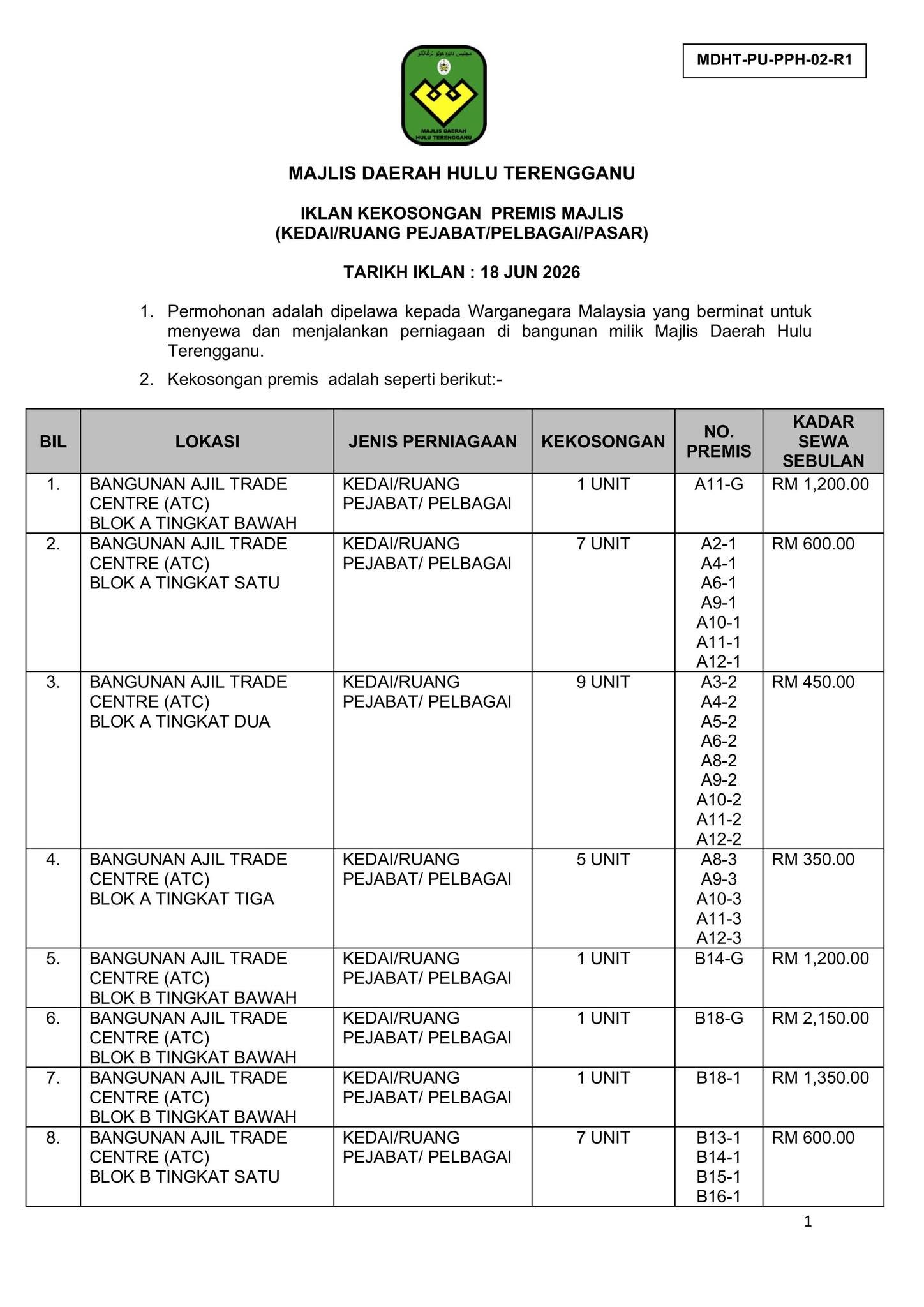 MDHT Premises Vacancy Advertisement (June 2026)